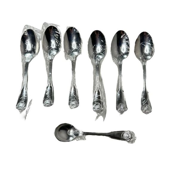 Vtg Olde Chelsea Pattern Silverplated 6 Dinner Spoons + Round Spoon in Plastic - Picture 4 of 15